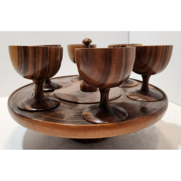 Vintage Mid Century Modern Wooden Wine Goblets with 6 Goblets and Tray - Picture 6 of 15